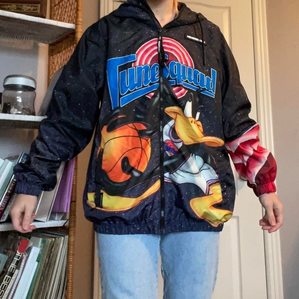 Space jam bomber rain jacket with characters size large zip up zipper tune squad